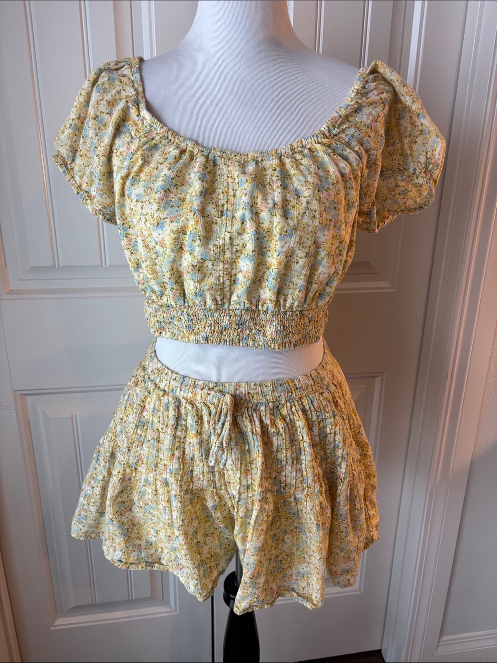 American Eagle Yellow Floral Smocked Crop Top (M) and matching skort (S)